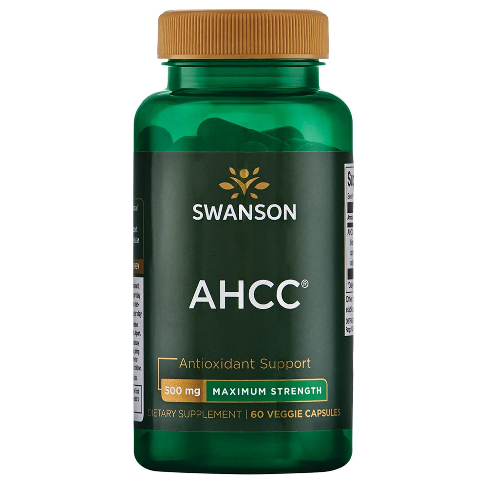Swanson AHCC bottle front view highlights a trusted immune support supplement.