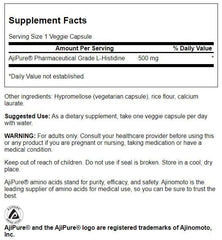 Swanson AjiPure L-Histidine capsules; vegetarian formula for daily wellness.