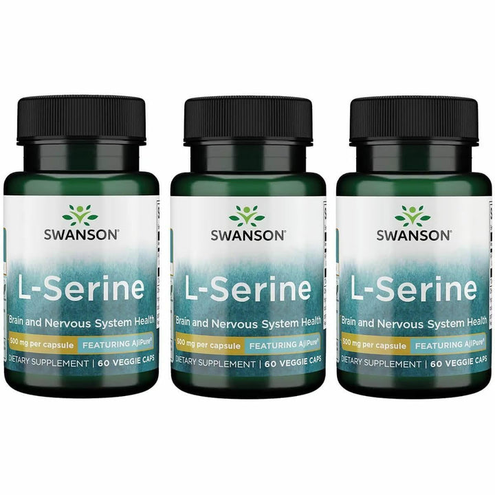 Swanson Ajipure L-Serine bottle front view with vegan capsules for daily cognitive support