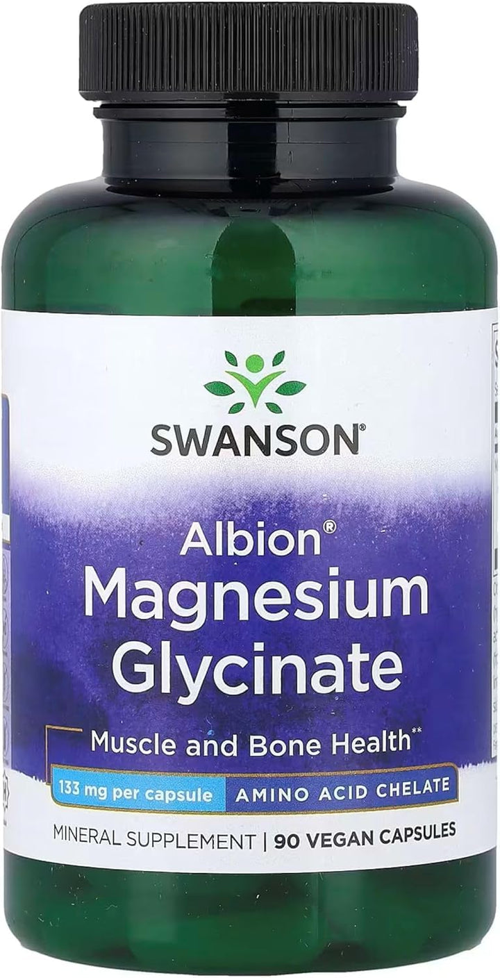 Swanson Albion Chelated Magnesium bottle supports nerve function and muscle comfort.