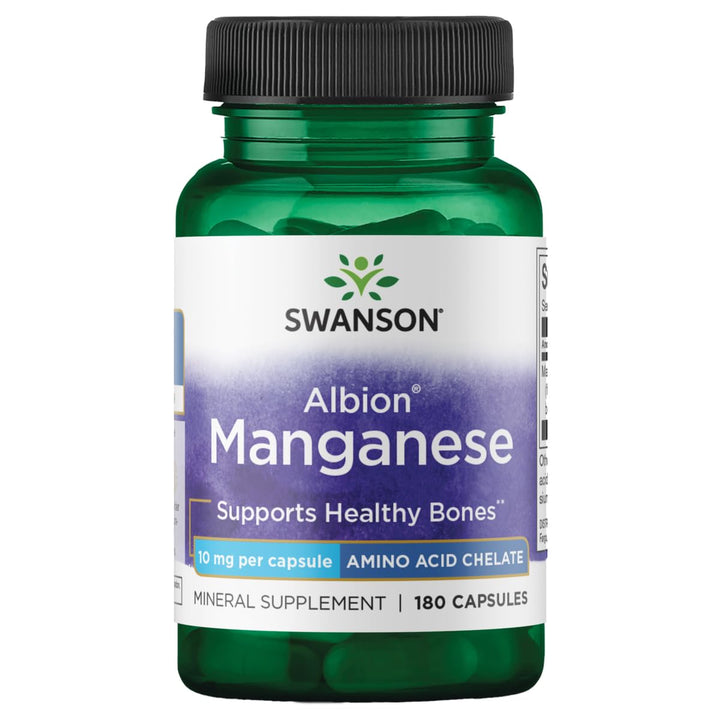 Swanson Albion manganese bottle label shows 10 mg per capsule for daily mineral support.