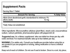 Swanson Allicin tablets close-up emphasizing 12 mg per tablet for easy daily dosing.
