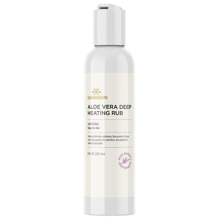 Swanson Aloe Vera Deep Heating Rub bottle showing soothing heat for sore muscles.