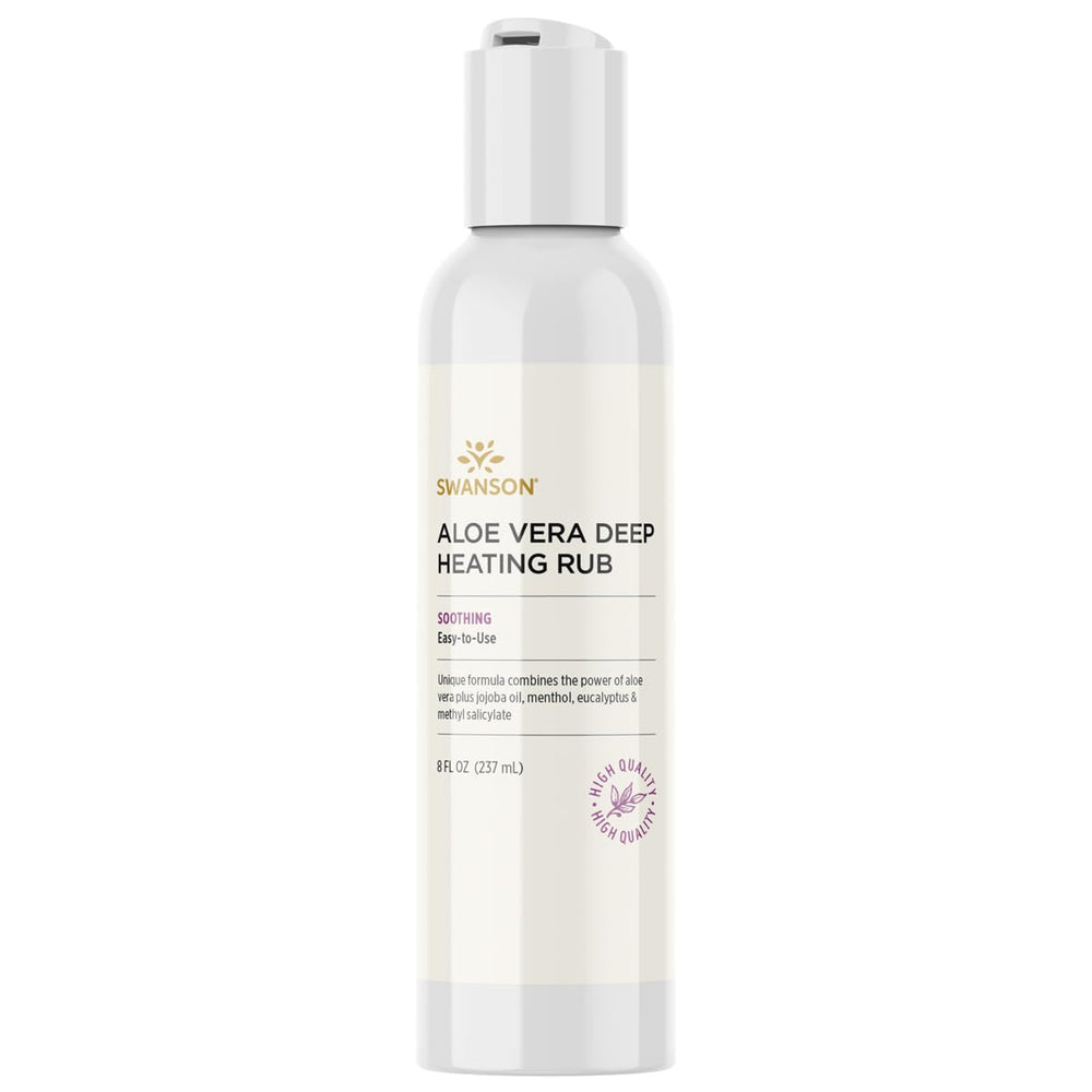 Swanson Aloe Vera Deep Heating Rub bottle showing soothing heat for sore muscles.