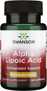 Swanson Alpha Lipoic Acid 300 mg capsules in a bottle for daily antioxidant support.