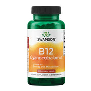 Swanson B12 bottle front shows 500 mcg potency for daily energy support.