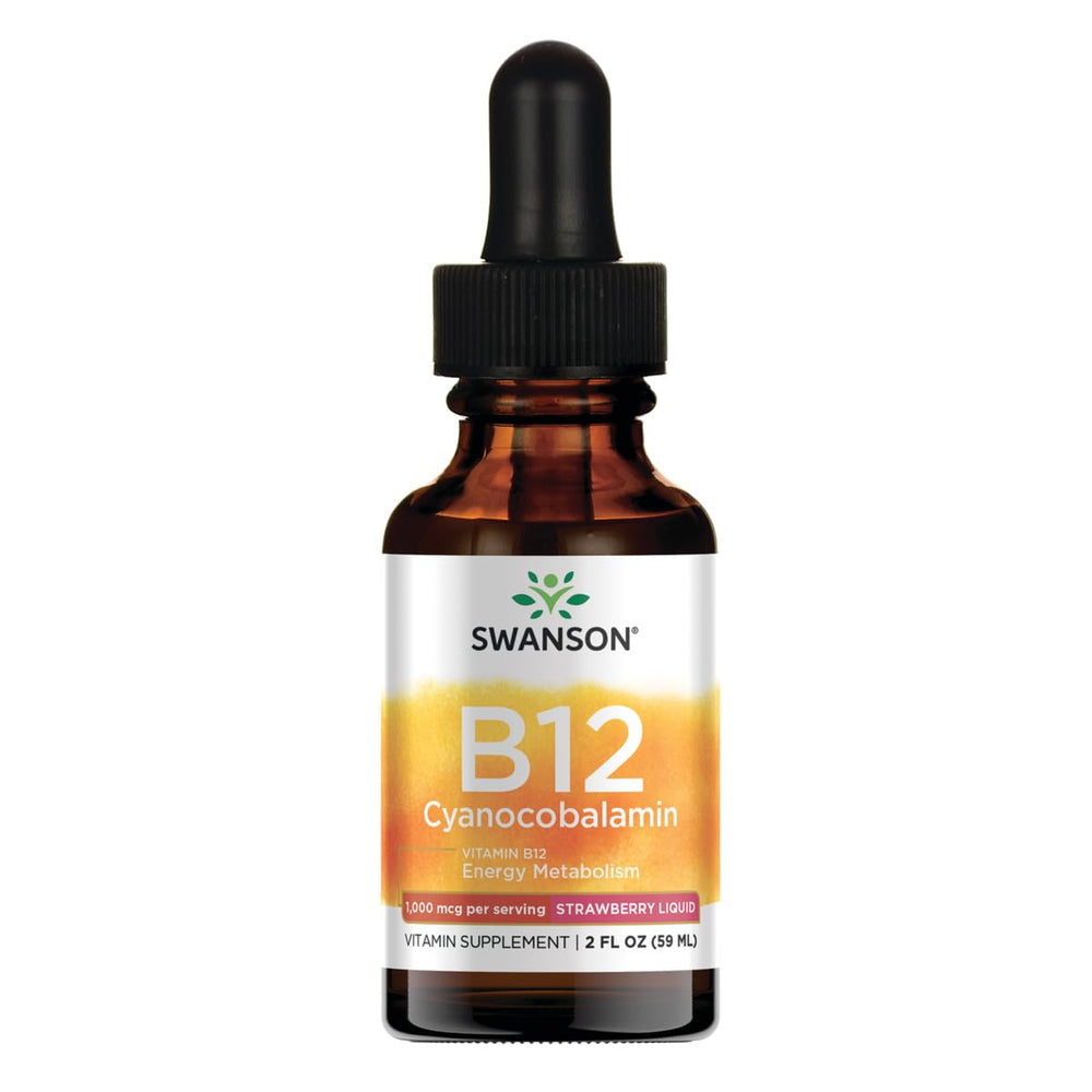 Swanson B-12 Sublingual Liquid bottle with dropper supports energy metabolism and nervous system health.
