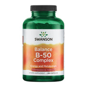 Swanson B-50 bottle front showing high-potency B vitamins for daily energy and immune support.