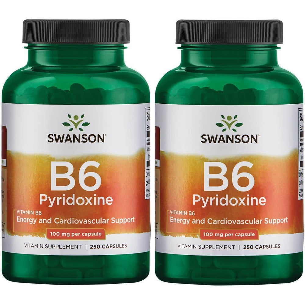Swanson B6 Pyridoxine bottle with 100 mg capsules for daily energy and heart health support.