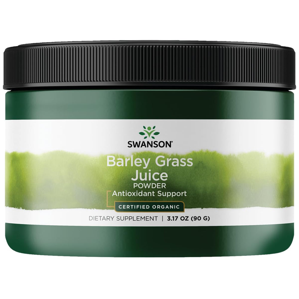 Swanson barley grass juice powder bottle showcases organic formula and antioxidant support.