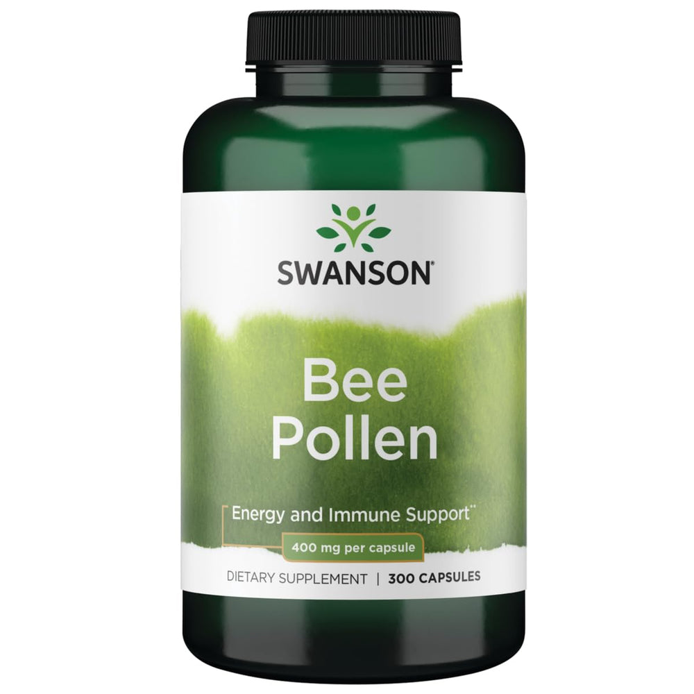 Swanson Bee Pollen 400mg bottle with capsules promoting daily energy support and immune health.