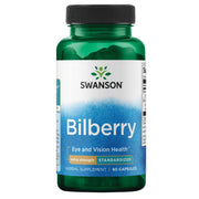 Swanson Bilberry Extra-Strength bottle front with 100 mg capsules for eye support.