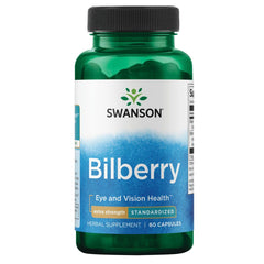 Swanson Bilberry Extra-Strength bottle front with 100 mg capsules for eye support.