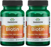 Swanson Biotin 10000 mcg bottle front highlighting packaging for hair, skin and nails support.