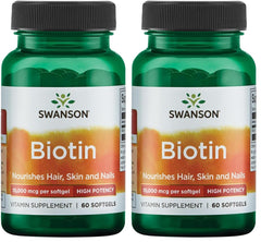 Swanson Biotin 10000 mcg bottle front highlighting packaging for hair, skin and nails support.