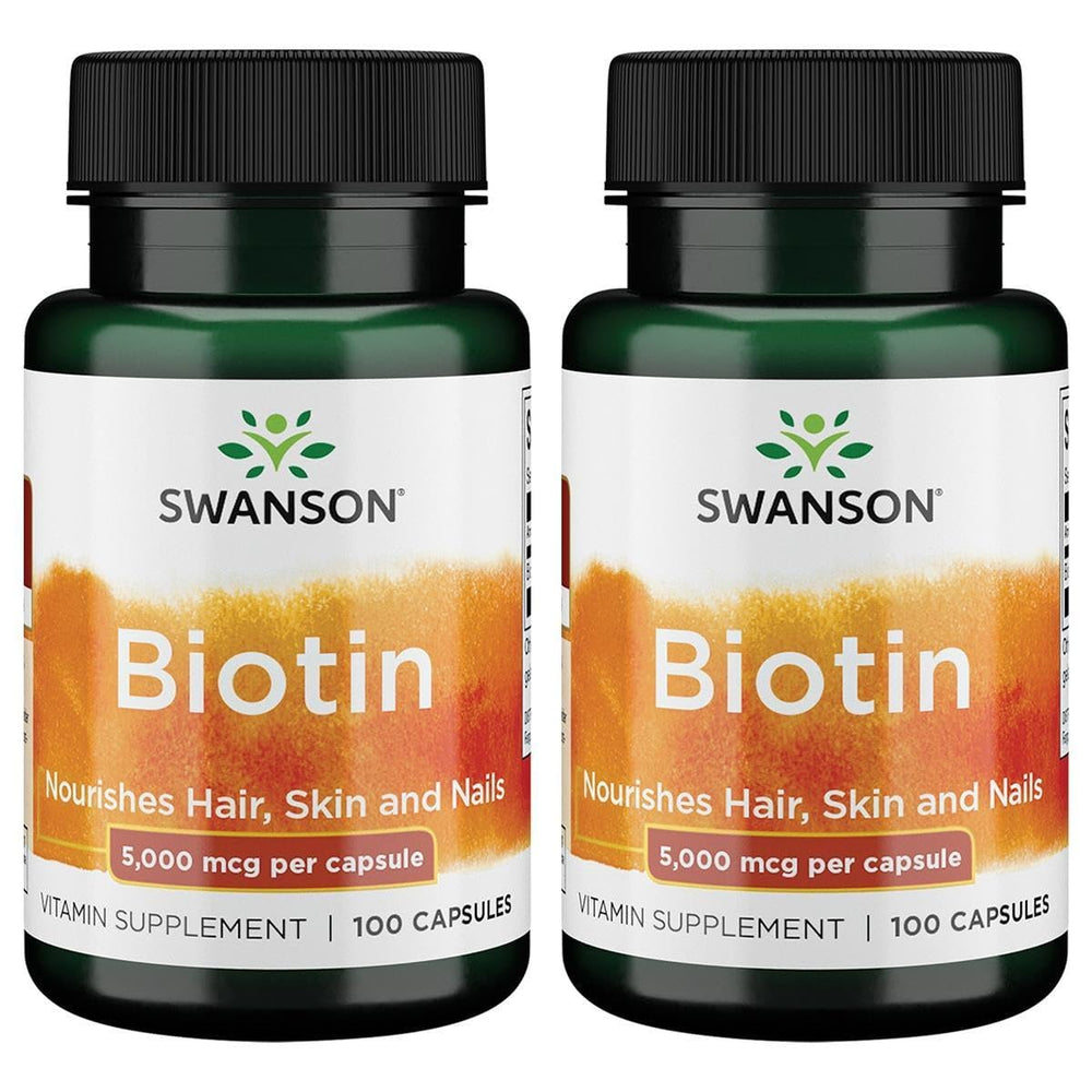 Swanson Biotin 5000 mcg bottle front supports hair, skin and nails health