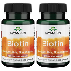 Swanson Biotin 5000 mcg bottle front supports hair, skin and nails health