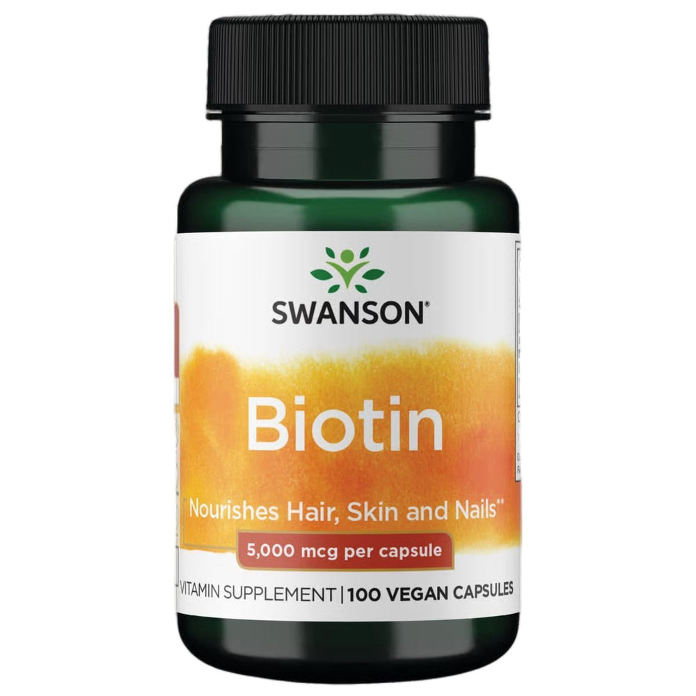 Swanson Biotin 5000 mcg bottle front for hair, skin and nails support