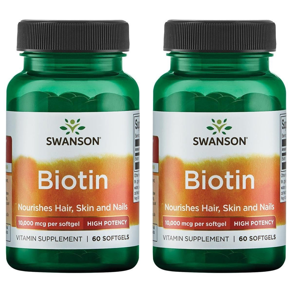 Swanson Biotin high potency bottle with 60 gels supporting hair, skin, and nail health