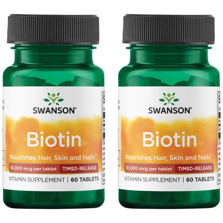 Swanson Biotin Timed-Release 10,000 mcg bottle for daily hair, skin, and nail support.