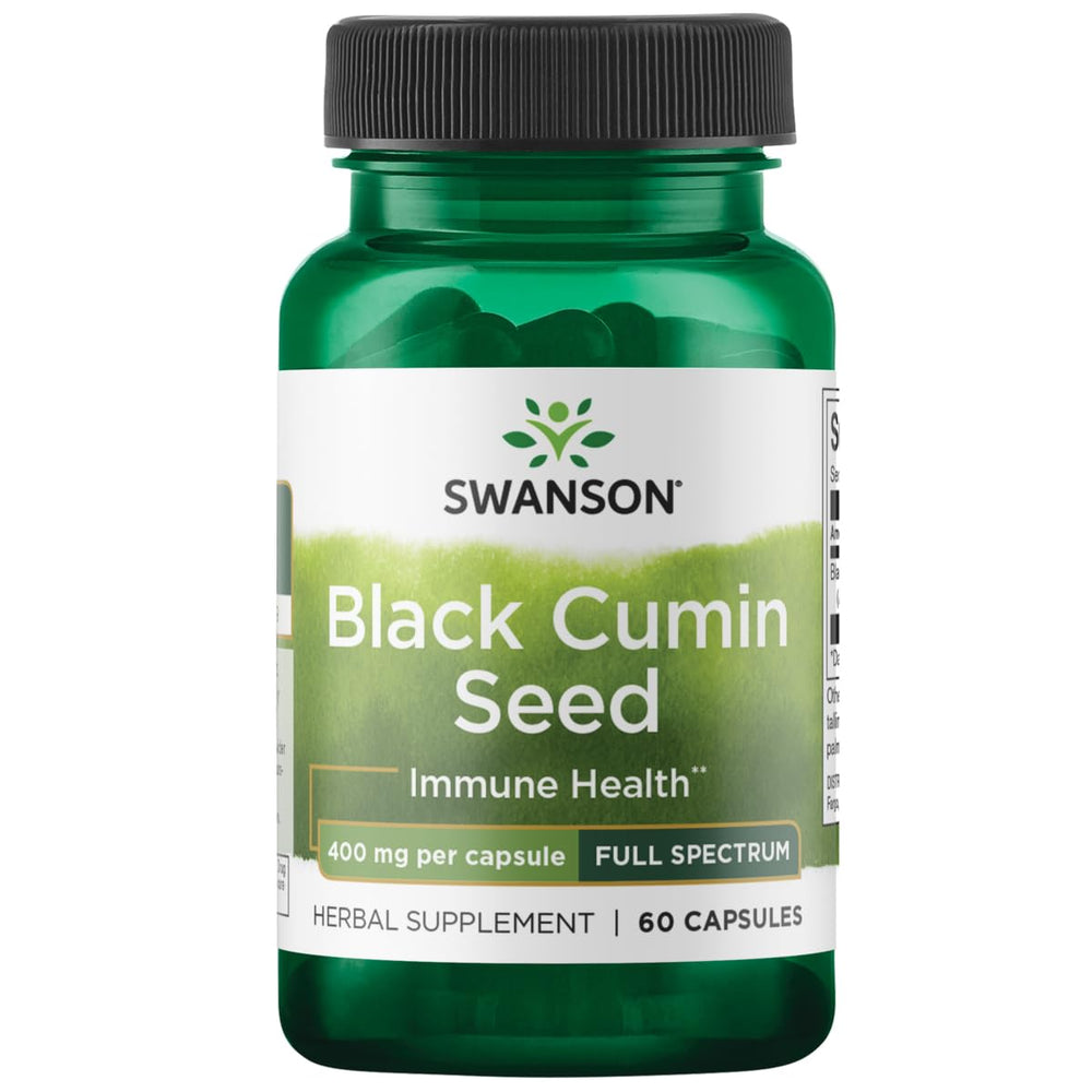 Swanson Black Cumin Seed 400 mg bottle for daily immune and respiratory support.