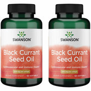 Swanson Black Currant Seed Oil bottle on a shelf for daily wellness.