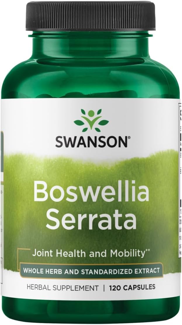 Swanson Boswellia Serrata bottle showing standardized boswellic acids for joint support and flexibility.