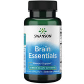 Swanson Brain Essentials bottle with capsules highlighting vegetarian formula for daily cognitive support.