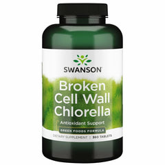 Swanson broken cell wall chlorella bottle-front displaying a 360-tablet supply for daily use.