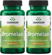 Swanson bromelain bottle pour showing pineapple enzyme for digestion support.