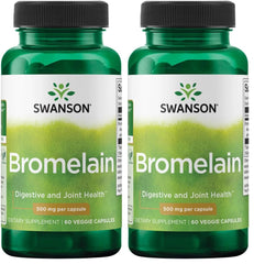 Swanson bromelain bottle pour showing pineapple enzyme for digestion support.