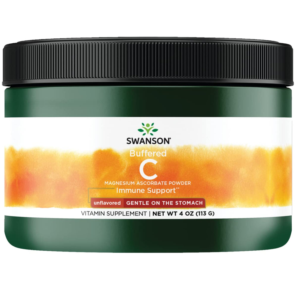 Swanson Buffered C Mag Ascorbate bottle demonstrating gentle vitamin C support for stomach comfort