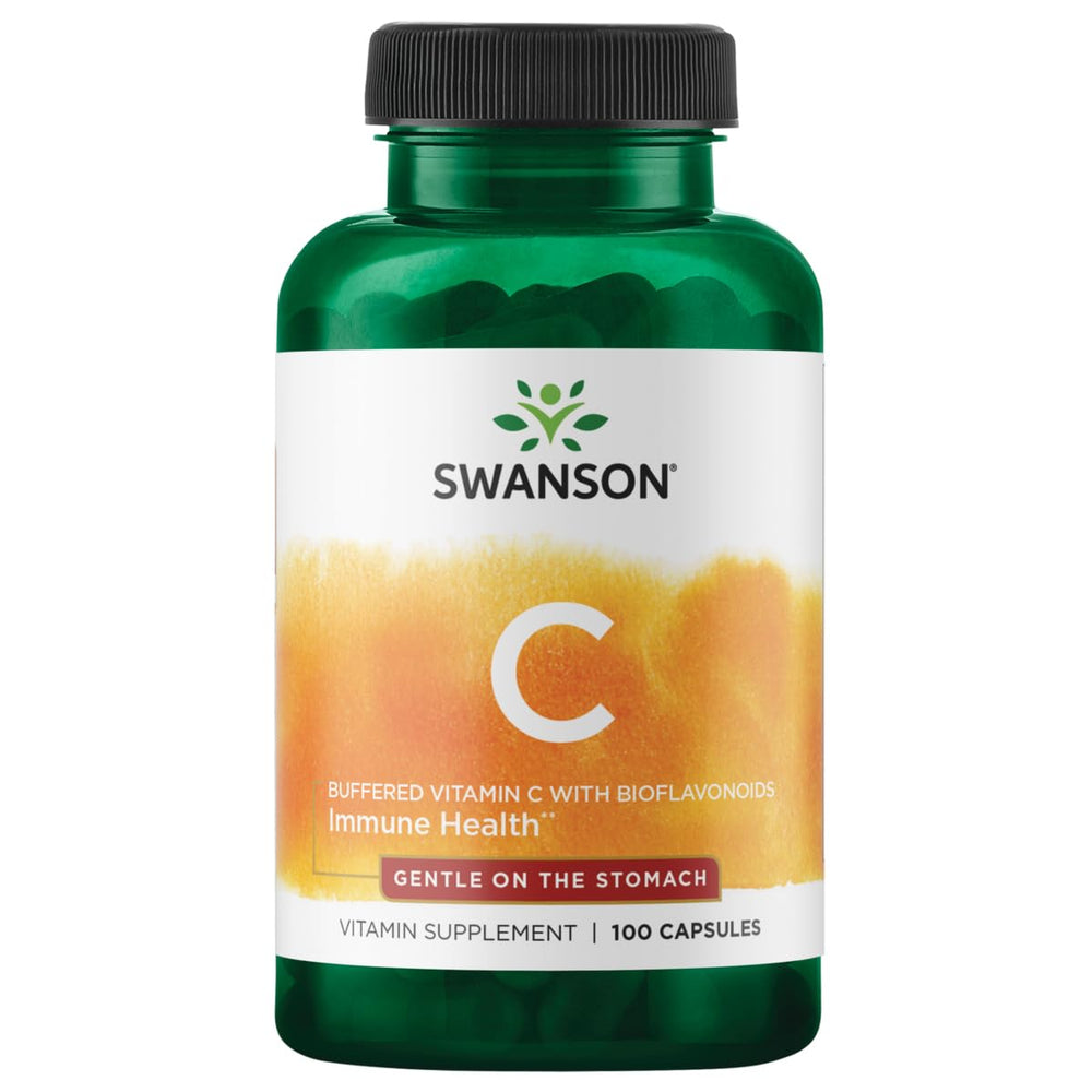 Swanson Buffered Vitamin C bottle with capsules; supports immune function and antioxidant reserve.