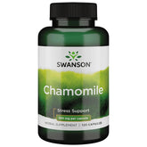 Swanson Chamomile Stress Support capsules in an amber bottle, suggesting calm and relaxation.