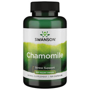 Swanson Chamomile Stress Support capsules in an amber bottle, suggesting calm and relaxation.
