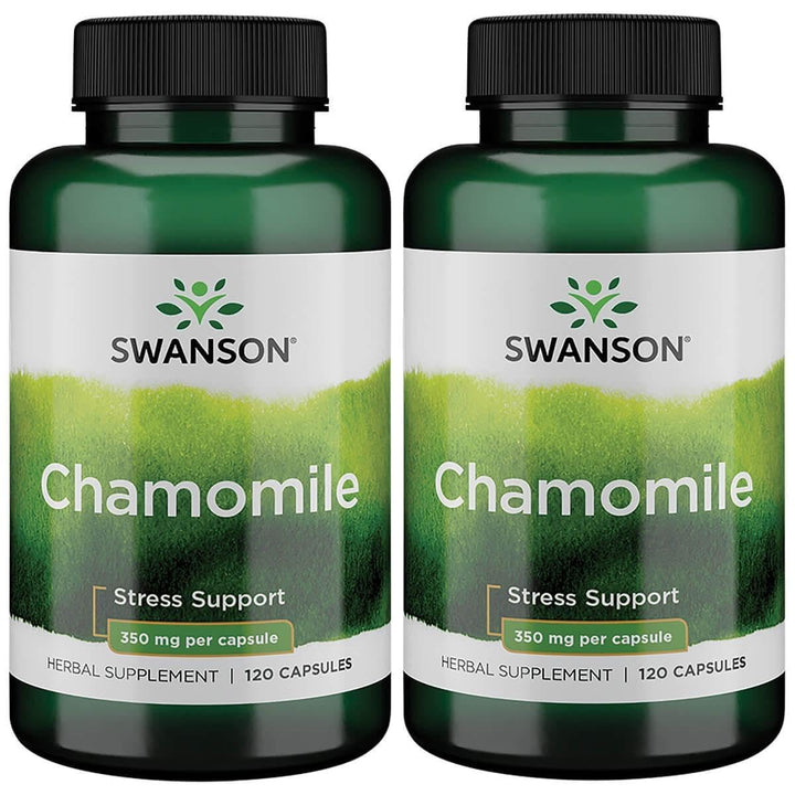 Swanson Chamomile Stress Support bottle front view, 2-pack, promoting calm and relaxation