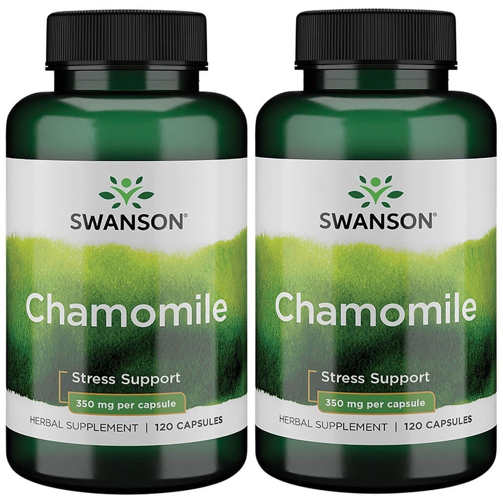 Swanson Chamomile Stress Support bottle front view, 2-pack, promoting calm and relaxation