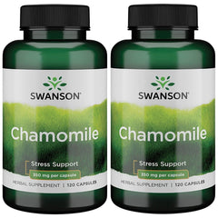 Swanson Chamomile Stress Support bottle front view, 2-pack, promoting calm and relaxation