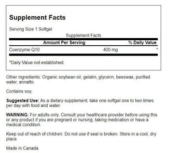 Swanson CoQ10 softgels close-up showing energy support benefits.
