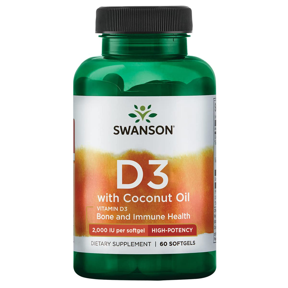 Swanson Vitamin D-3 with Coconut Oil softgels, front view, supports overall health and absorption