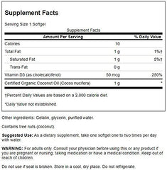 Swanson D-3 coconut oil softgel bottle, label close-up, enhances absorption for daily wellness