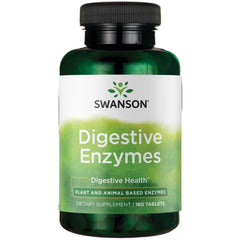 Swanson Digestive Enzymes bottle with tablets showing potential digestion support for carbs, proteins, and fats