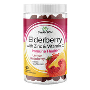 Swanson Elderberry Gummies bottle front with lemon raspberry flavor and immune support benefits.