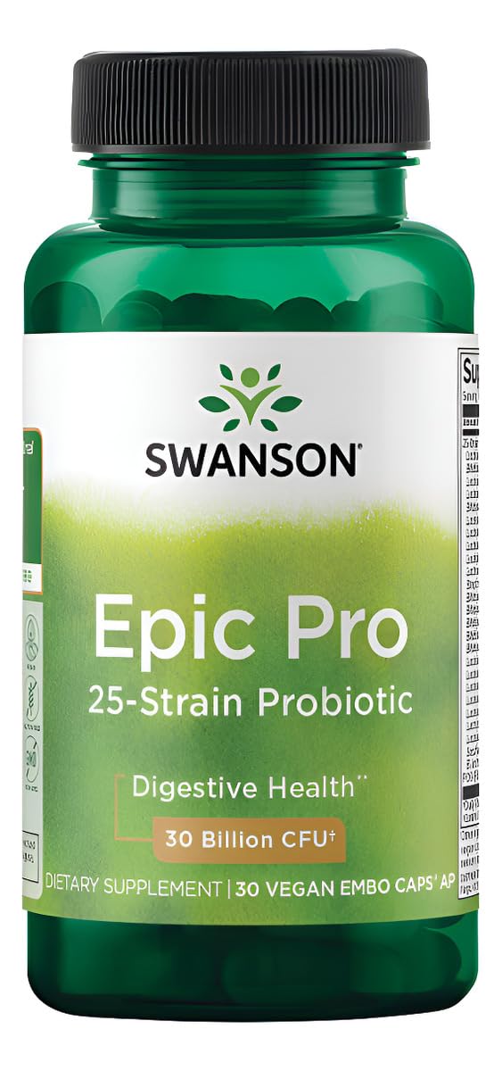 Swanson Epic-Pro 25-Strain Probiotic bottle shows 25 strains and DRcaps for digestion support.