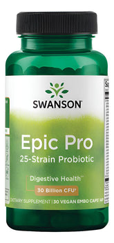 Swanson Epic-Pro 25-Strain Probiotic bottle shows 25 strains and DRcaps for digestion support.