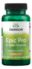 Swanson Epic-Pro 25-Strain Probiotic bottle shows 25 strains and DRcaps for digestion support.