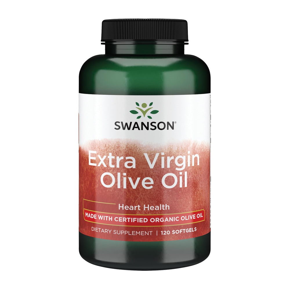 Swanson extra virgin olive oil bottle label highlights organic quality for daily heart-friendly routines.