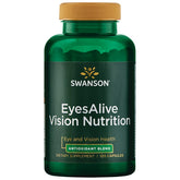 Swanson Eyesalive Vision Nutrition bottle on table promoting eye health and antioxidant support.