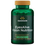 Swanson Eyesalive Vision Nutrition bottle on table promoting eye health and antioxidant support.