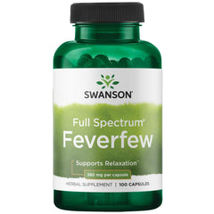 Swanson Feverfew 380 mg bottle close-up highlighting easy daily use.